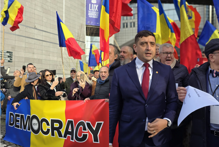 Protestation contre l'annulation des élections en Roumanie place du Luxembourg à Bruxelles - George Simion - Photo France-Soir