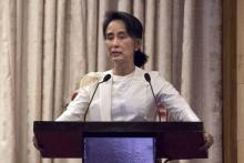 Aung San Suu Kyi lors d'un hommage à son conseiller assasiné, l'avocat Ko Ni, à Rangoun le 26 févrie