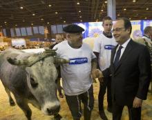 Un homme nettoie le pare-brise à l'intérieur d'une moissonneuse-batteuse au Salon de l'Agriculture à