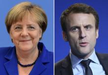 Montage de photos réalisé le 10 mars 2017 de la chancelière Angela Merkel et d'Emmanuel Macron