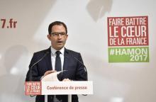 Benoît Hamon, le candidat PS à l'élection présidentielle, le 29 mars 2017 à son QG de campagne à Par