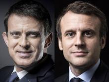 Combo de photos mises côte à côte de l'ex-premier ministre Manuel Valls (G) et d'Emmanuel Macron, ca