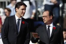 Le président français François Hollande et le Premier ministre canadien Justin Trudeau le 9 avril 20