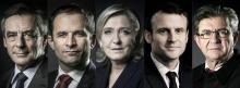 Combinaison des portraits de François Fillon, Marine Le Pen, Benoît Hamon, Emmanuel Macron et Jean-L