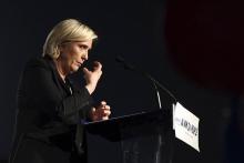 Marine Le Pen, la candidate FN à l'élection présidentielle, à Monswiller dans le nord-est de la Fran