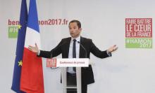 Benoît Hamon, le candidat PS à l'élection présidentielle, à son QG de campagne le 10 avril 2017