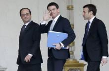 François Hollande, son Premier ministre Manuel Valls et son ministre de l'Economie Emmanuel Macron à