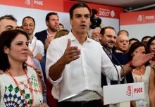 Pedro Sanchez au siège du PSOE après sa victoire, le 21 mai 2017 à Madrid