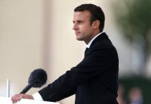 Le président Emmanuel Macron fait une déclaration lors de l'hommage national au père Jacques Hamel, 