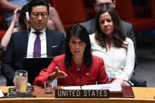 La représentante des Etats-Unis à l'ONU Nikki Haley (c), le 5 juillet 2017 à New York