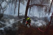 Un pompier lutte contre un incendie à Port-de-Bouc (Bouches-du-Rhône), le 10 août 2017