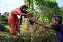 Un membre de la minorité musulmane rohingya passe un bébé à travers une clôture barbelée qui marque 