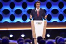 Le coprésident de Paris 2024 Tony Estanguet s'exprimant devant la 131e session du CIO à Lima, le 13 