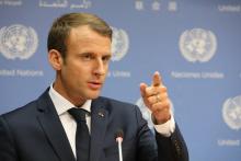 Le président Emmanuel Macron lors d'une conférence de presse après son discours à la tribune de l'ON