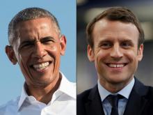 Le président français Emmanuel Macron (d) déjeunera samedi avec l'ancien président américain Barack 