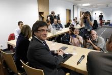 L'ex-président indépendantiste de Catalogne Carles Puigdemont lors d'une réunion avec des hommes politiques catalans, le 5 mai 2018 à Berlin