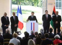 Ghassan Salame, Jean-Yves Le Drian, Emmanuel Macron et Fayez al-Sarraj and General Khalifa Haftar, à